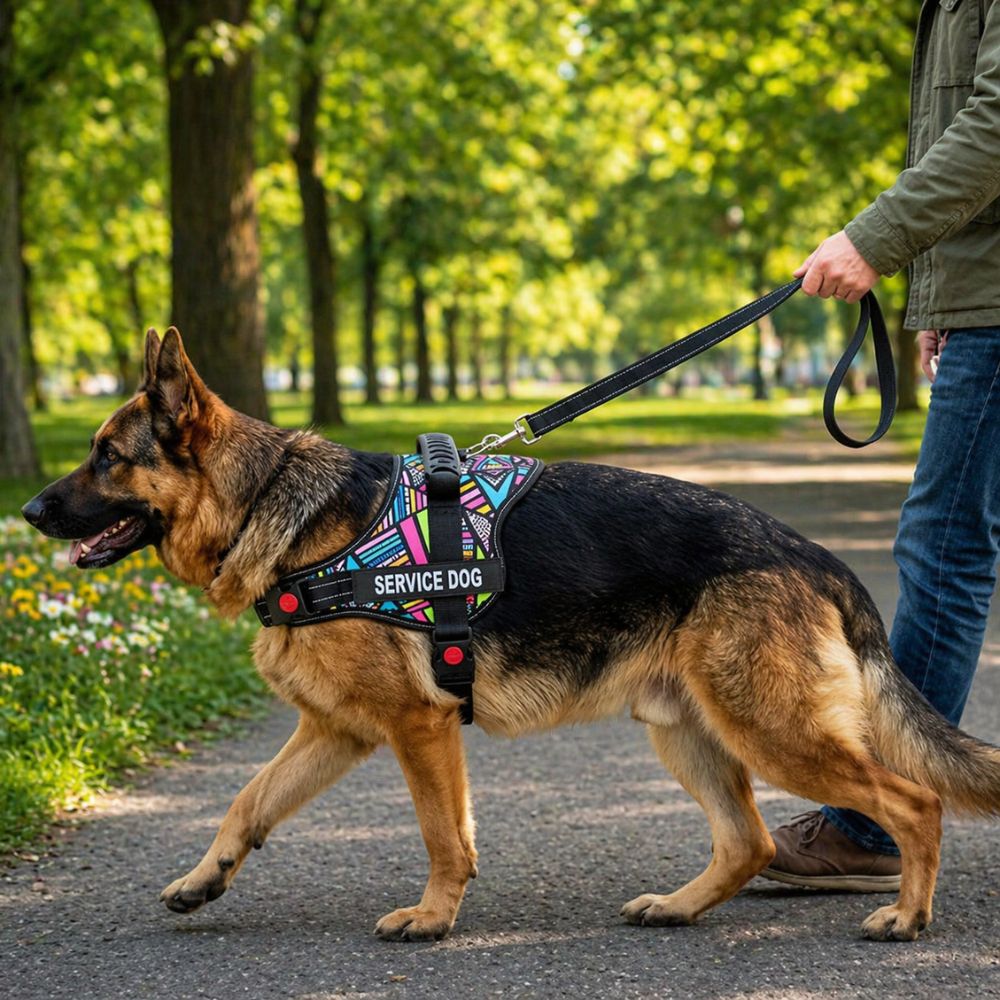 harnais gros chien porté par un berger allemand offrant un maintien confortable lors d'une balade au parc