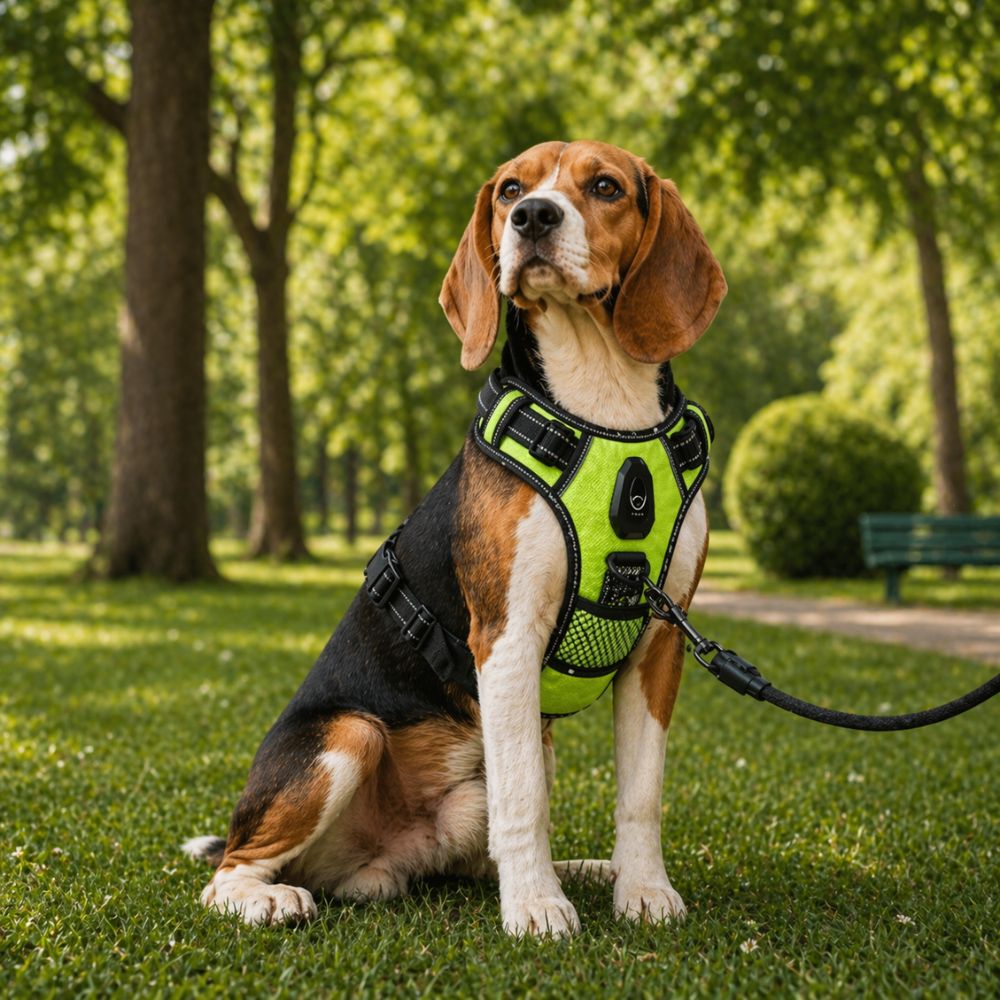 harnais lumineux chien porté par un beagle dans un parc en journée pour promenade confortable et sécurisée