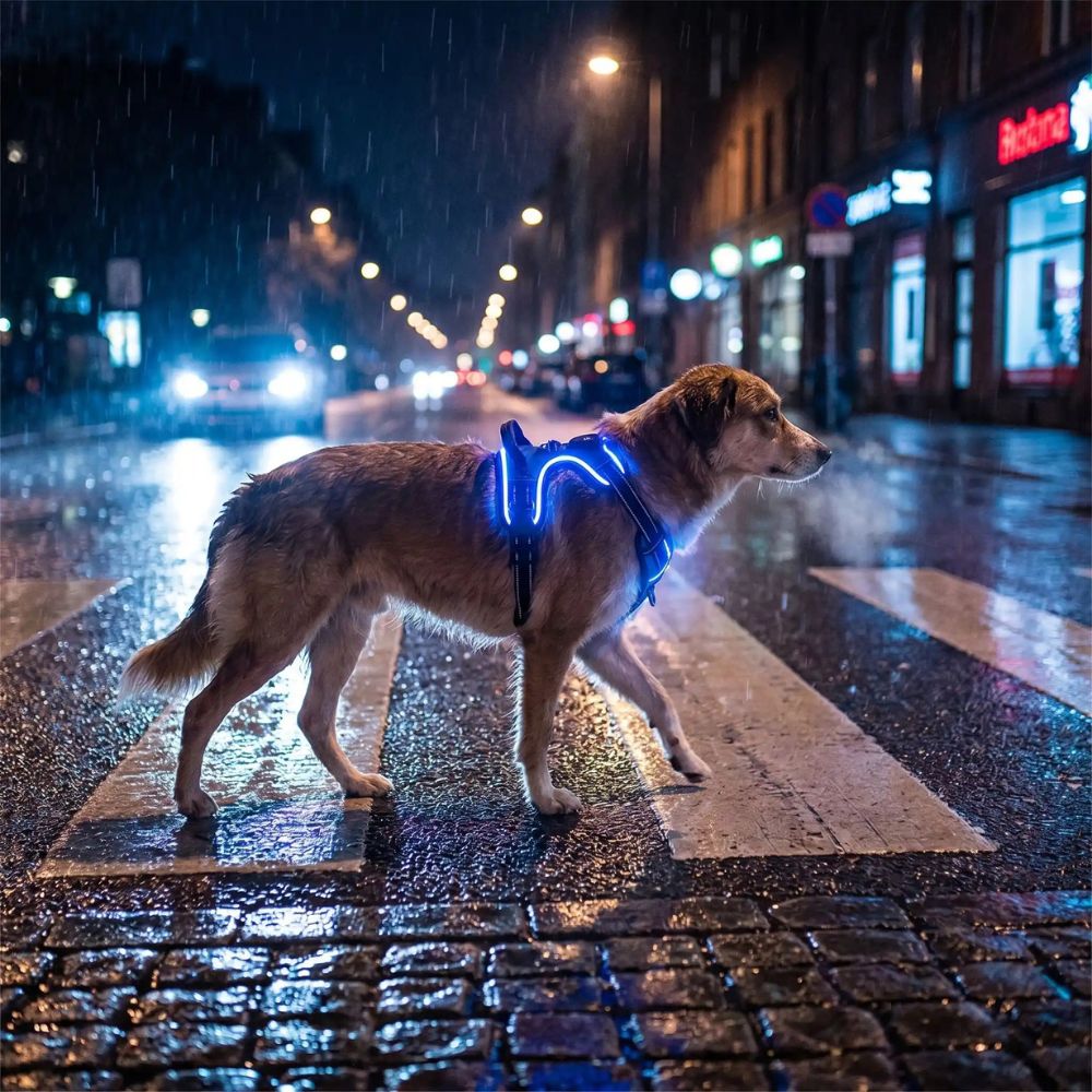 harnais lumineux chien bleu porté sous la pluie en ville pour sécurité accrue et repérage facile