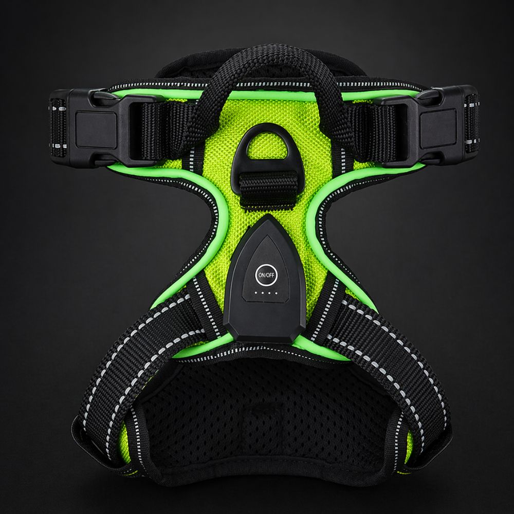 harnais lumineux chien vert vu de face avec bandes réfléchissantes et éclairage LED rechargeable