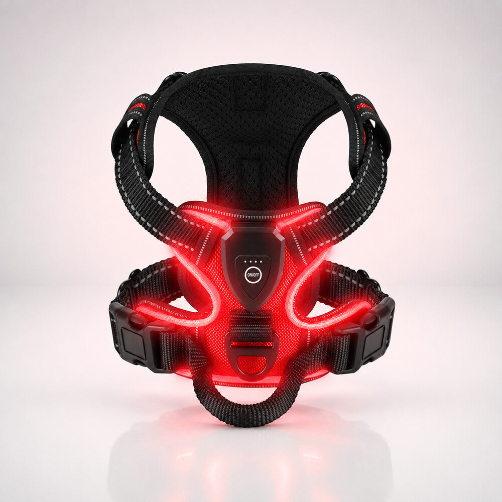 Harnais lumineux chien rouge avec LED et boucles latérales réglables