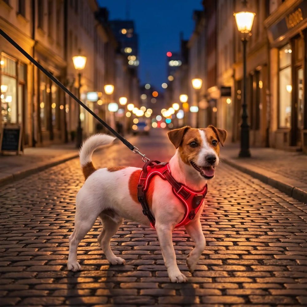 harnais lumineux chien rouge porté en rue éclairée au coucher du soir pour promenade visible et stylée