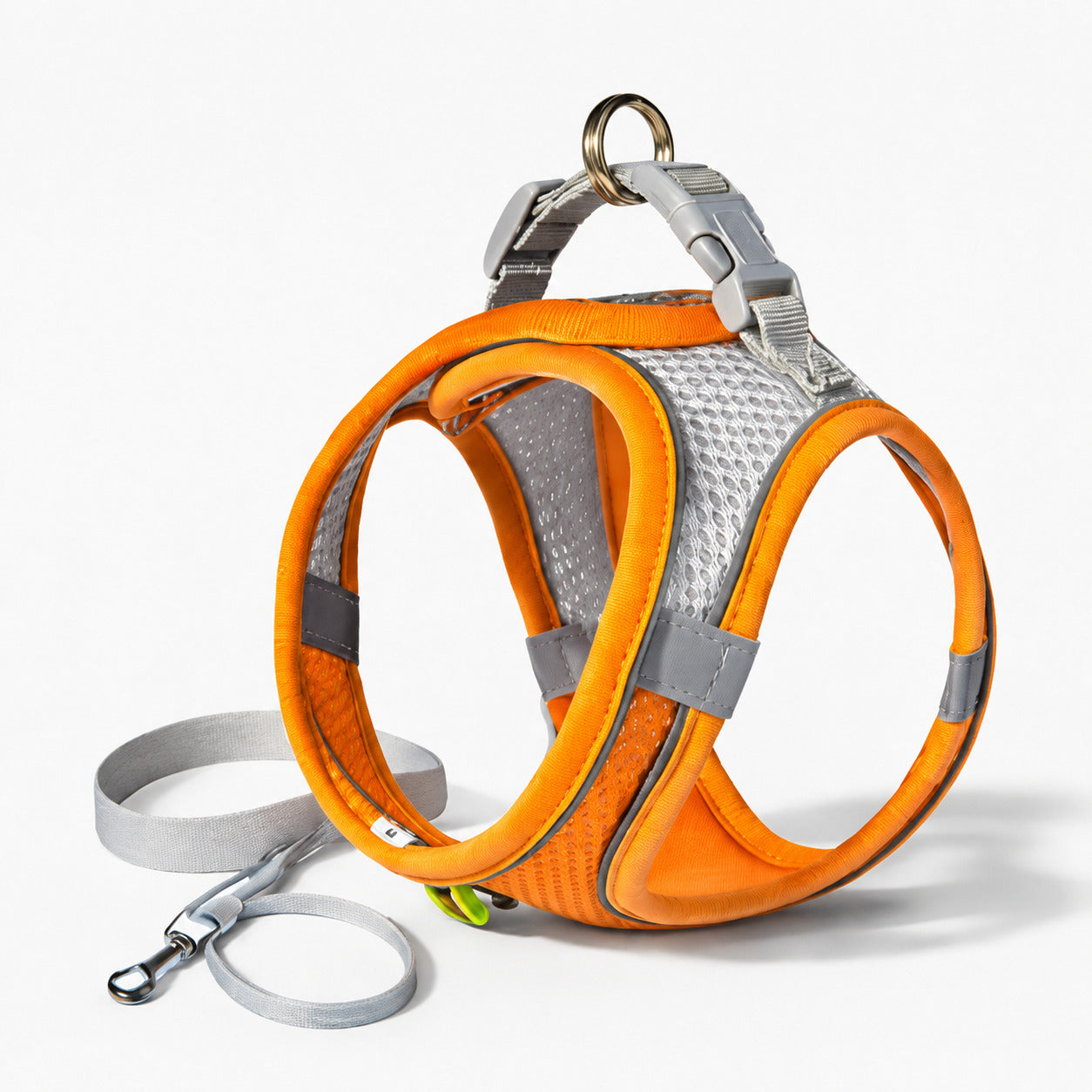 Harnais petit chien orange avec anneau métallique et mousqueton de laisse