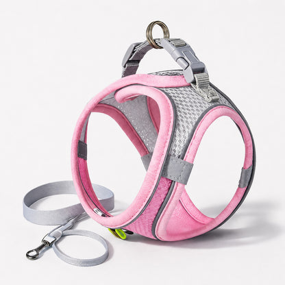 Harnais petit chien rose présenté de trois quarts avec sa laisse