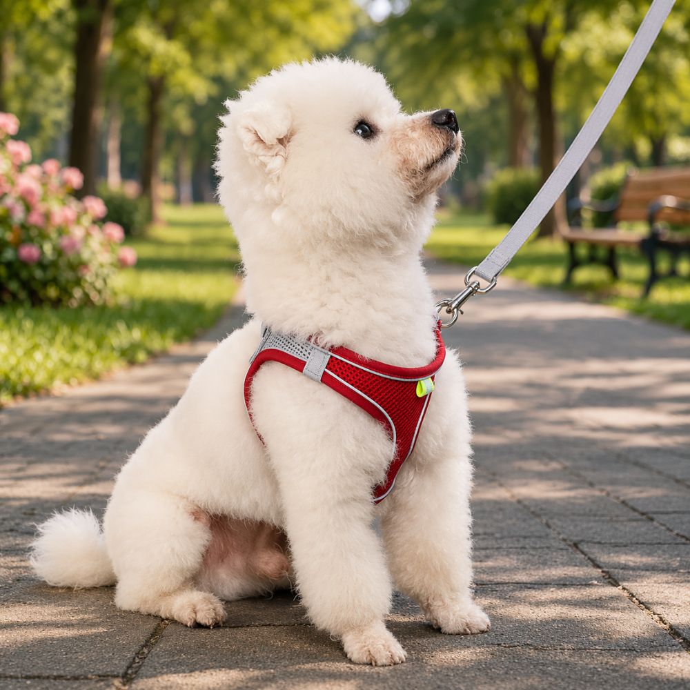 Harnais petit chien rouge porté par un toutou en promenade dans un parc avec laisse grise
