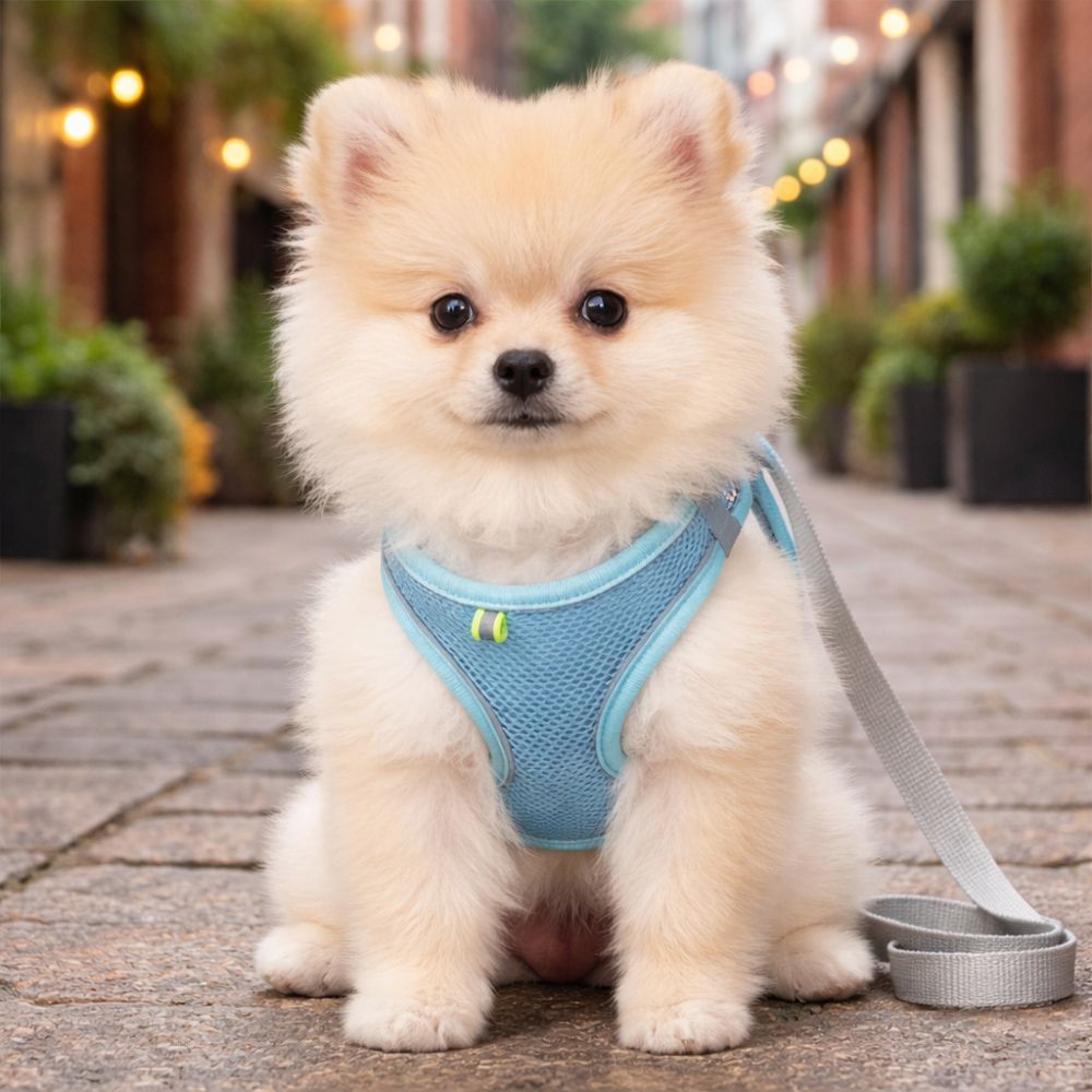 Harnais petit chien porté par un poméranien en promenade en ville avec laisse grise