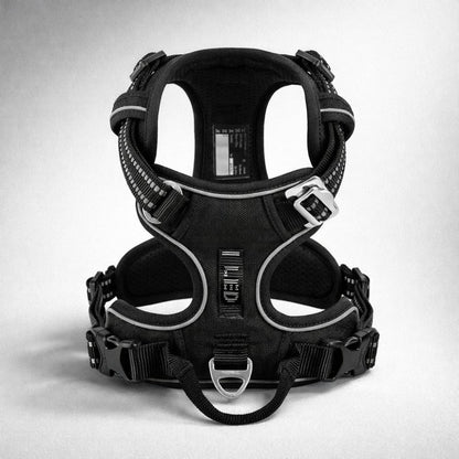 Harnais pour chien multifonction noir avec bandes réfléchissantes et attache renforcée