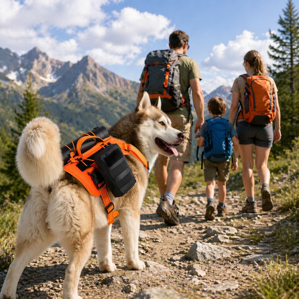 harnais pour chien randonnée avec accessoires porté par un husky lors d’une randonnée en famille en montagne