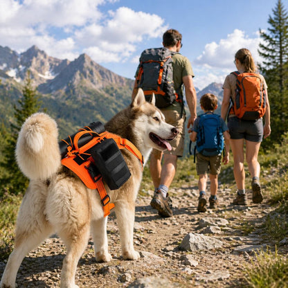 harnais pour chien randonnée avec accessoires porté par un husky lors d’une randonnée en famille en montagne