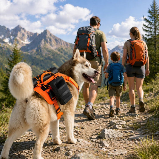 harnais pour chien randonnée avec accessoires porté par un husky lors d’une randonnée en famille en montagne