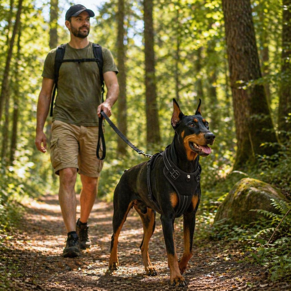 harnais pour chien randonnée porté par un doberman en balade en forêt avec son maître pour un confort optimal