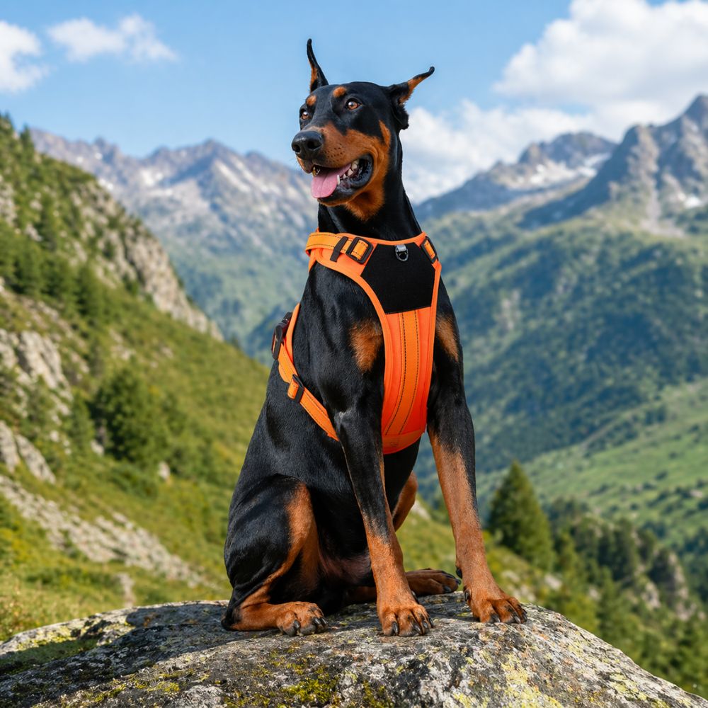 harnais pour chien randonnée porté par un chien assis en montagne avec vue panoramique sur les sommets