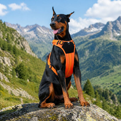 harnais pour chien randonnée porté par un chien assis en montagne avec vue panoramique sur les sommets