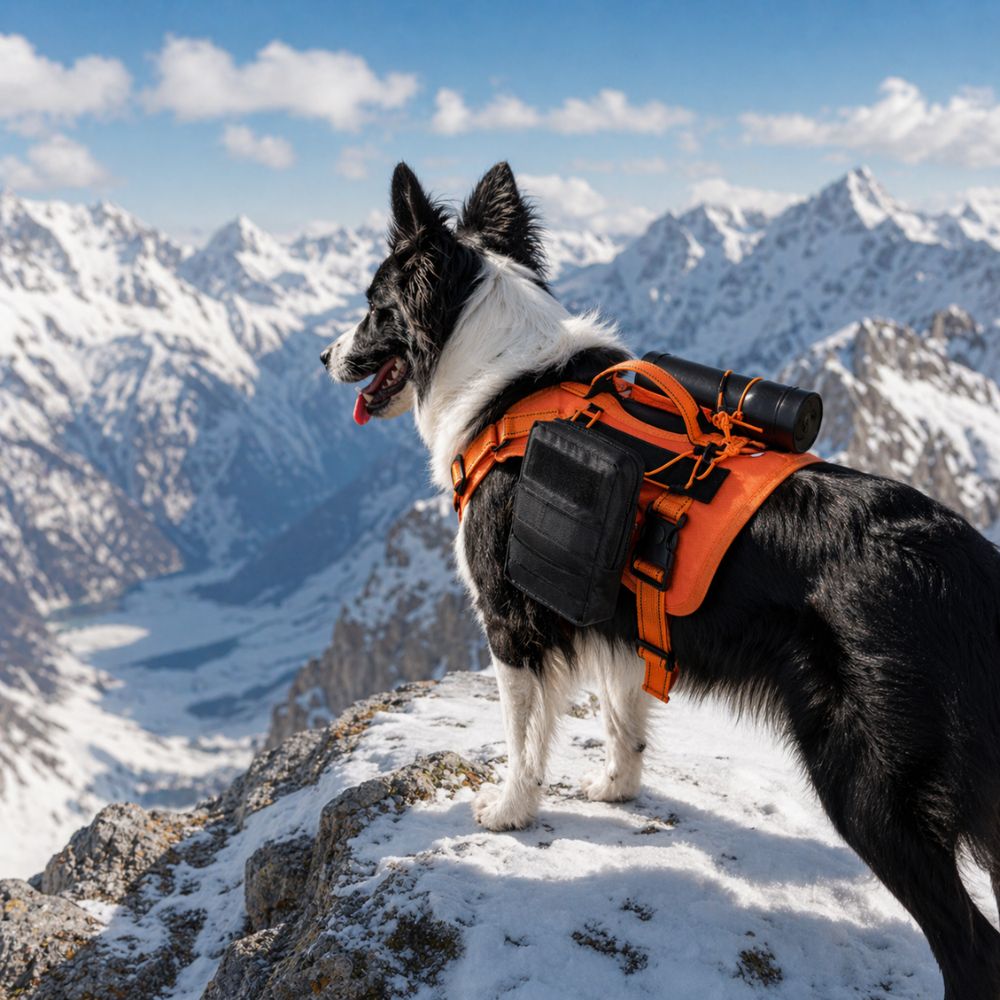 harnais pour chien randonnée avec accessoires porté par un border collie face aux montagnes enneigées