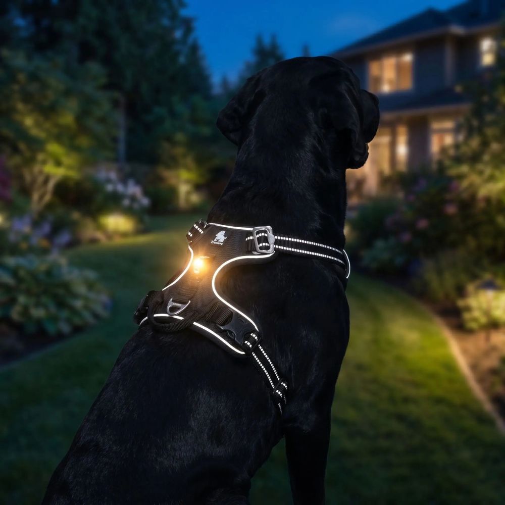 Pour une visibilité accrue dans l'obscurité du jardin, un labrador porte un harnais pour chien réfléchissant