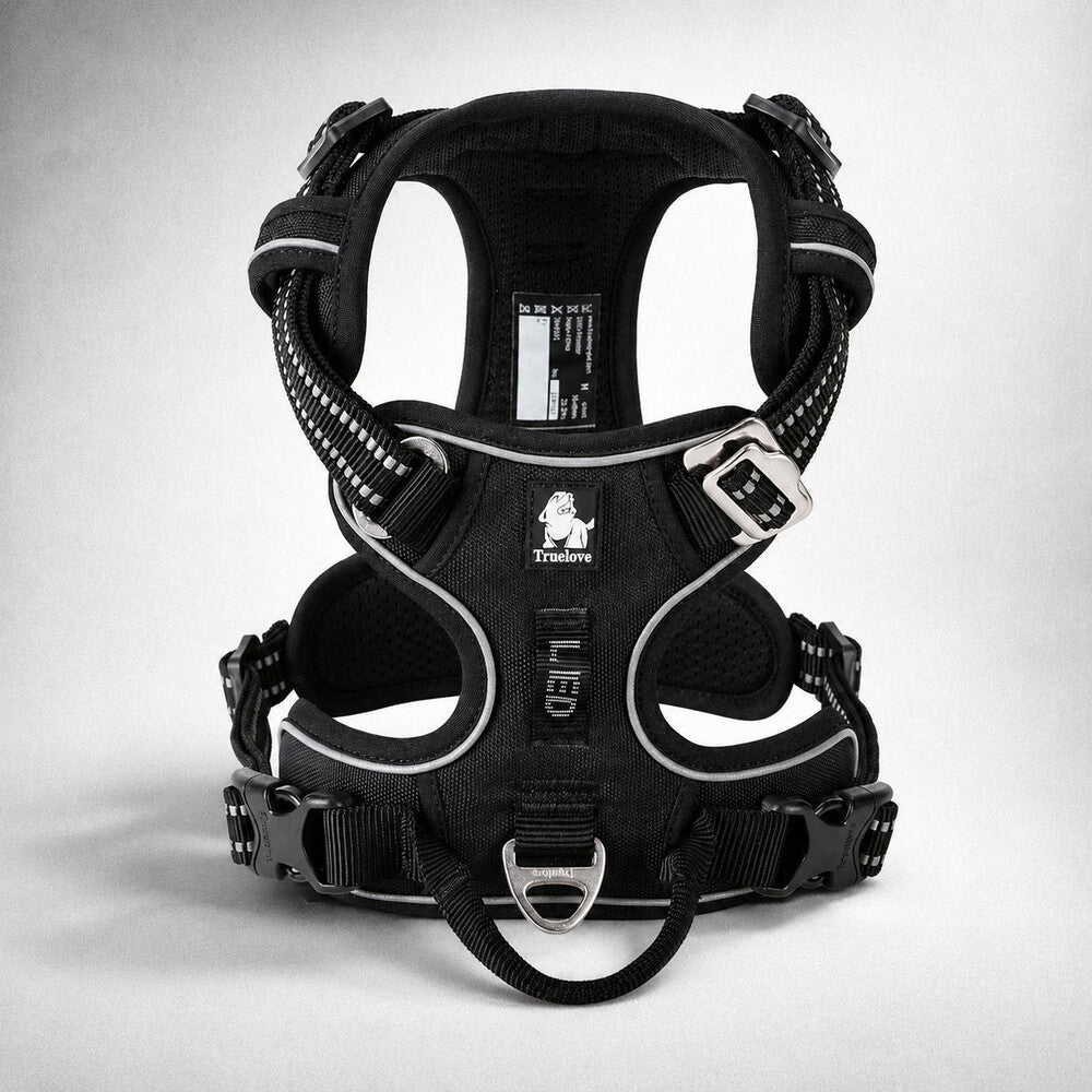 Harnais pour chien Truelove noir réfléchissant présenté sur fond clair