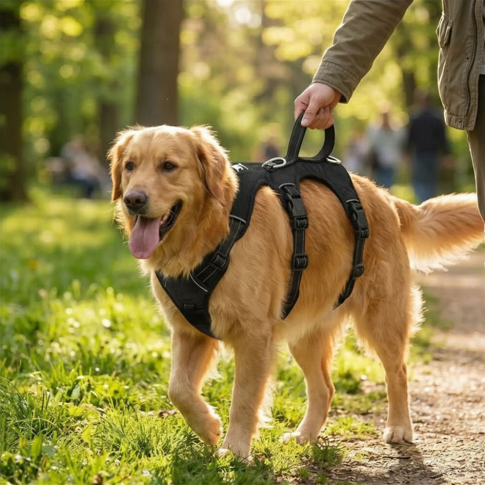 Golden en promenade avec un harnais pour chiens confortable et sécurisé dans la nature