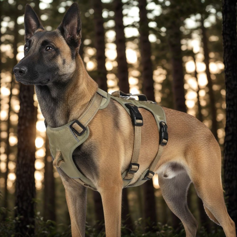 Malinois portant un harnais pour chiens solide et résistant lors d’une balade en forêt