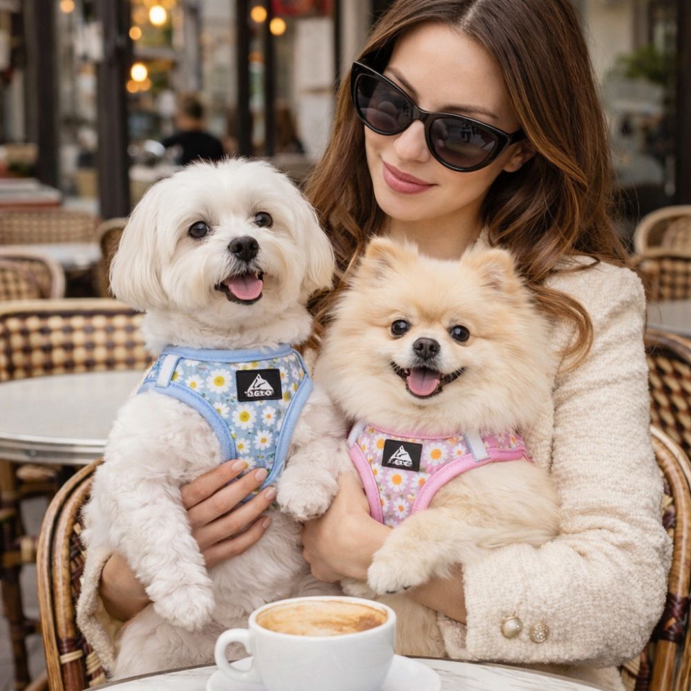 harnais pour petit chien porté par deux petits chiens en terrasse de café chic à Paris avec femme élégante