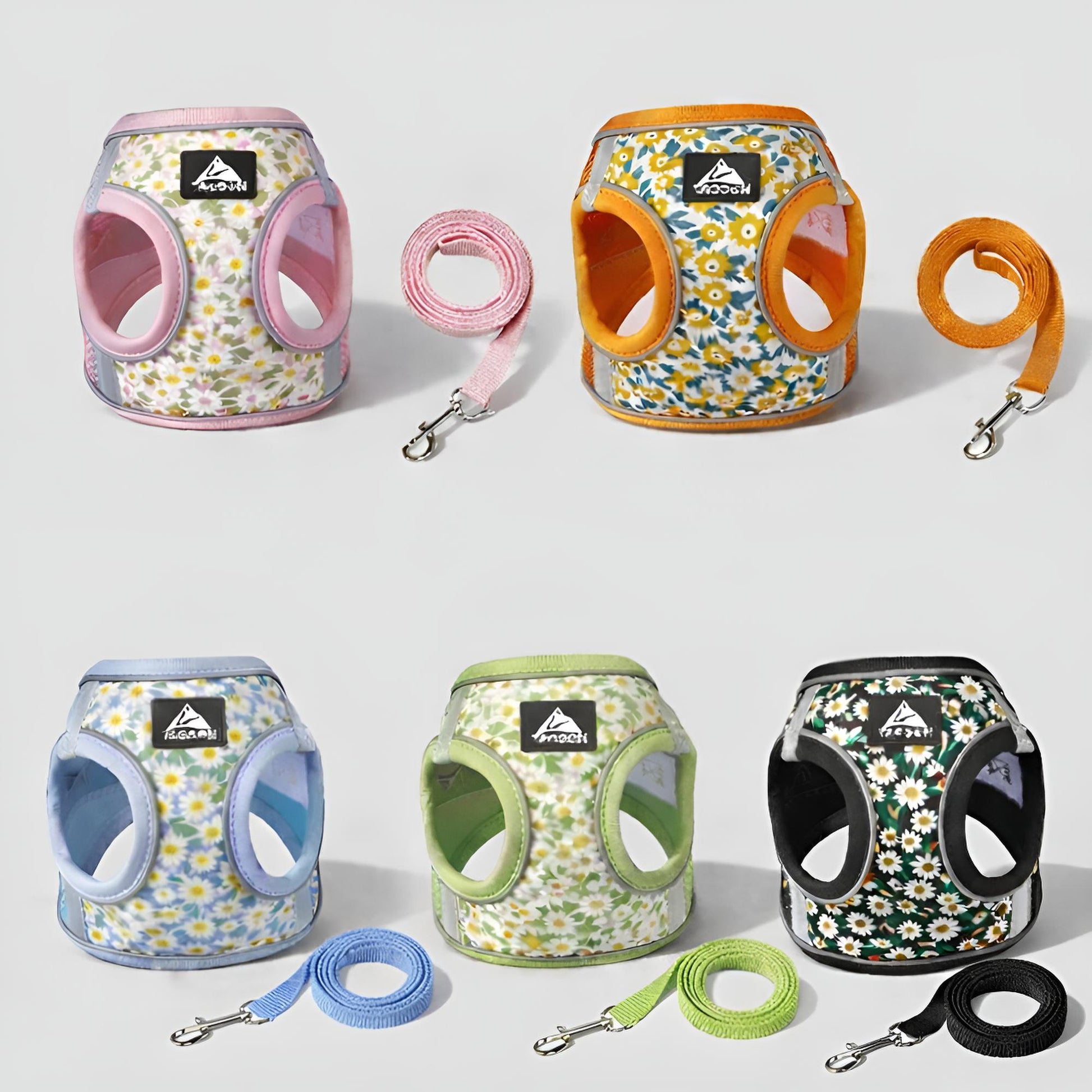 harnais pour petit chien disponible en plusieurs couleurs avec laisse assortie rose orange bleu vert et noir