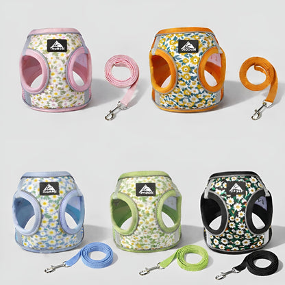 harnais pour petit chien disponible en plusieurs couleurs avec laisse assortie rose orange bleu vert et noir