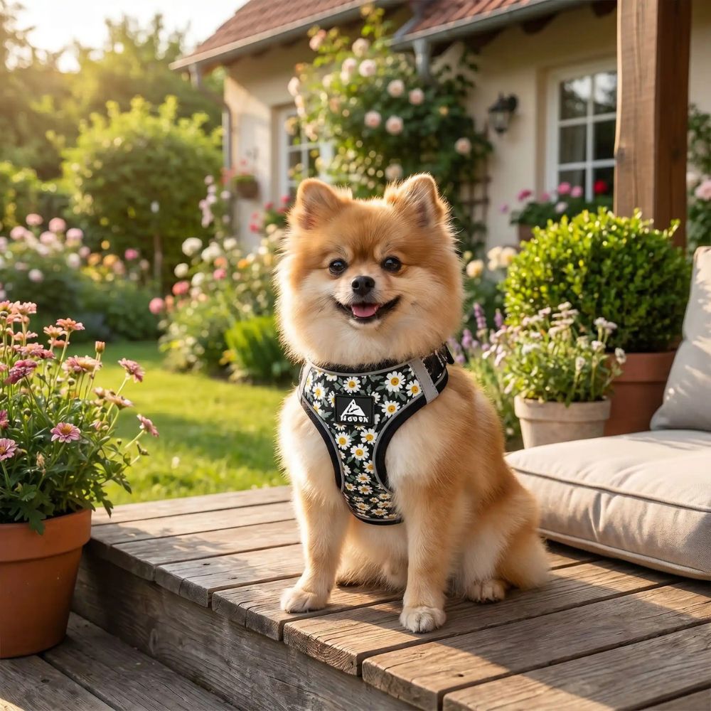 harnais pour petit chien noir motif fleurs porté par un poméranien dans un jardin ensoleillé