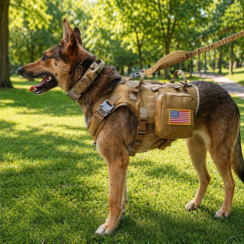 harnais tactique chien utilisé en balade dans un parc offrant confort et liberté de mouvement