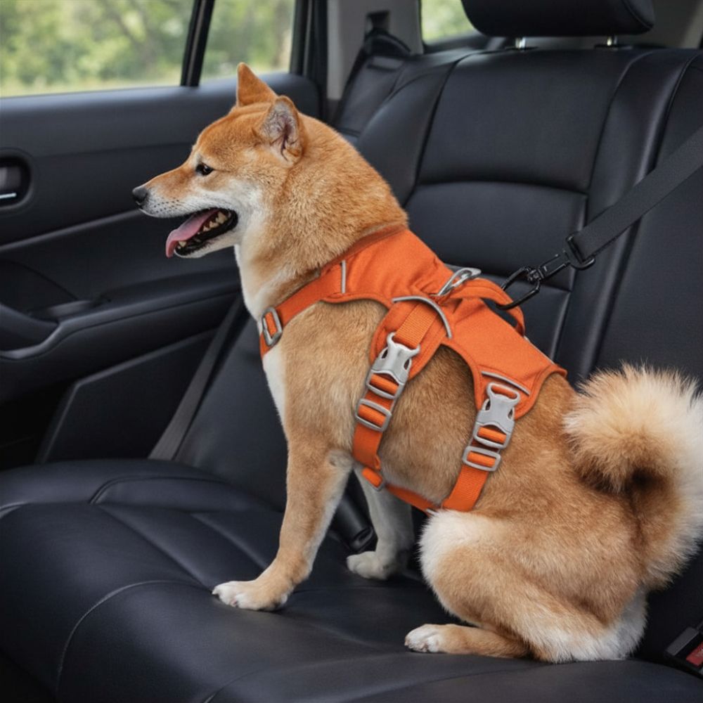 shiba assis dans une voiture avec harnais voiture chien attaché pour un transport sécurisé