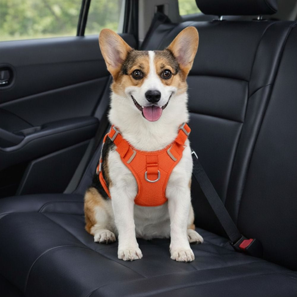 corgi attaché avec harnais voiture chien sur banquette offrant sécurité et maintien pendant le trajet