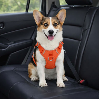 corgi attaché avec harnais voiture chien sur banquette offrant sécurité et maintien pendant le trajet