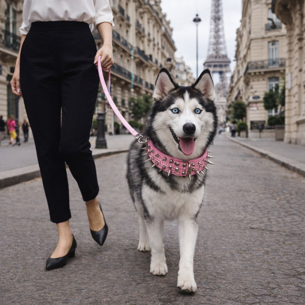 Husky portant un collier chien clouté près de la Tour Eiffel