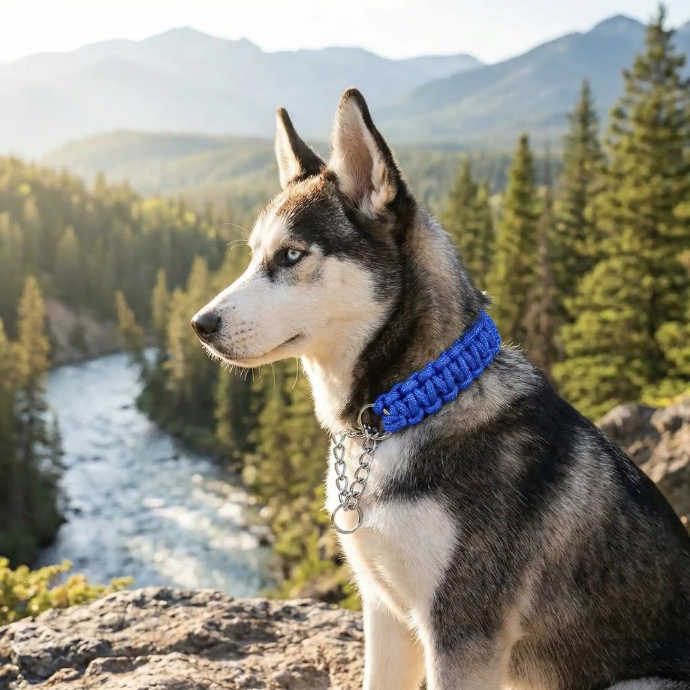 Husky portant un collier chien paracorde tressé main avec chaîne métallique, en extérieur face à la nature