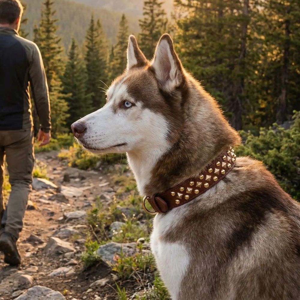Husky en randonnée portant un collier chien résistant adapté aux sorties extérieures