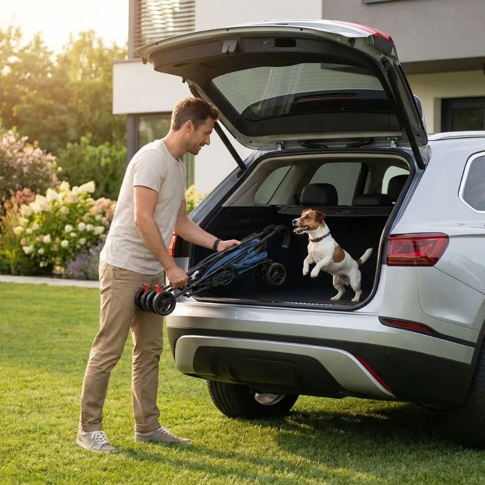 Jack Russel prêt pour un trajet en voiture pendant que son maître installe une poussette pour chien pliée dans le coffre