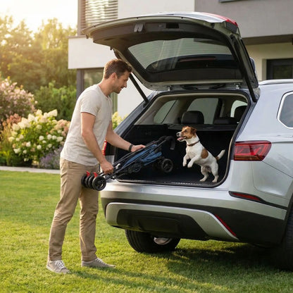 Jack Russel prêt pour un trajet en voiture pendant que son maître installe une poussette pour chien pliée dans le coffre
