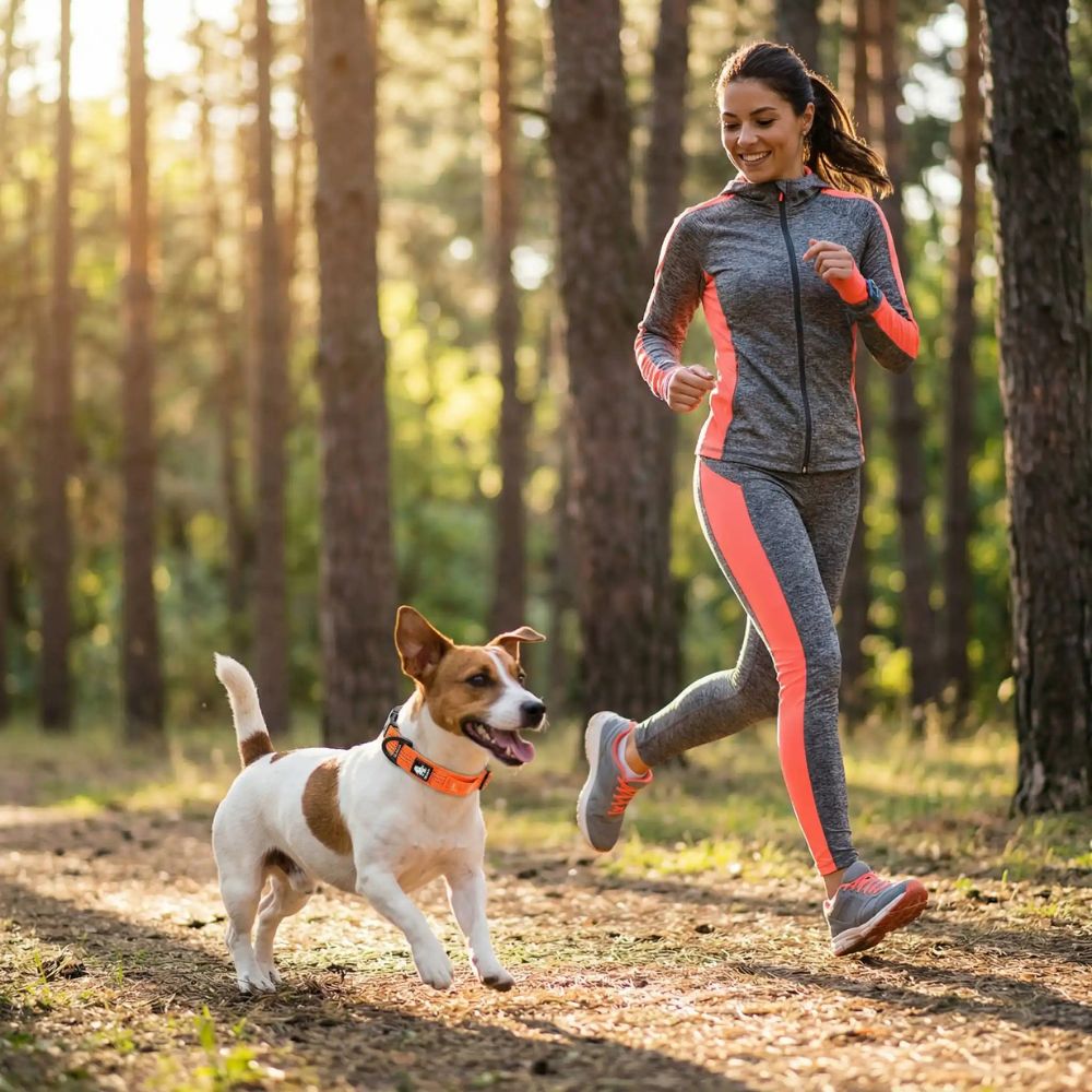 Jack Russell portant un collier pour chien orange pendant une activité sportive