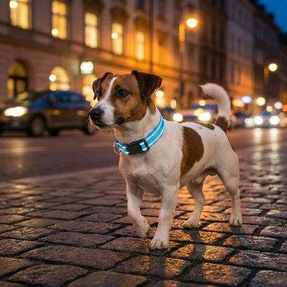 Jack Russell portant un collier réfléchissant pour chien se promène paisiblement dans une rue le soir