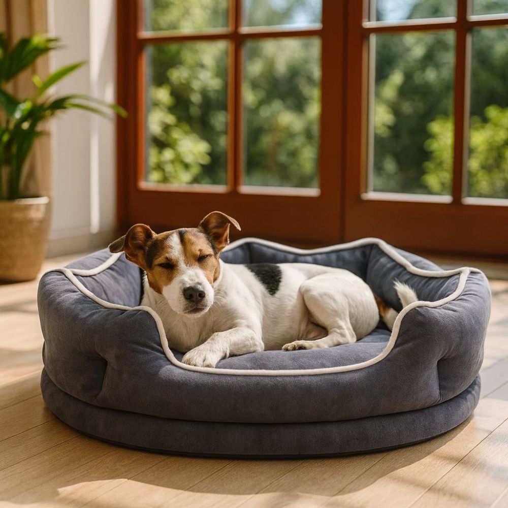 Jack Russell somnole, confortablement installé sur un panier chien relaxant