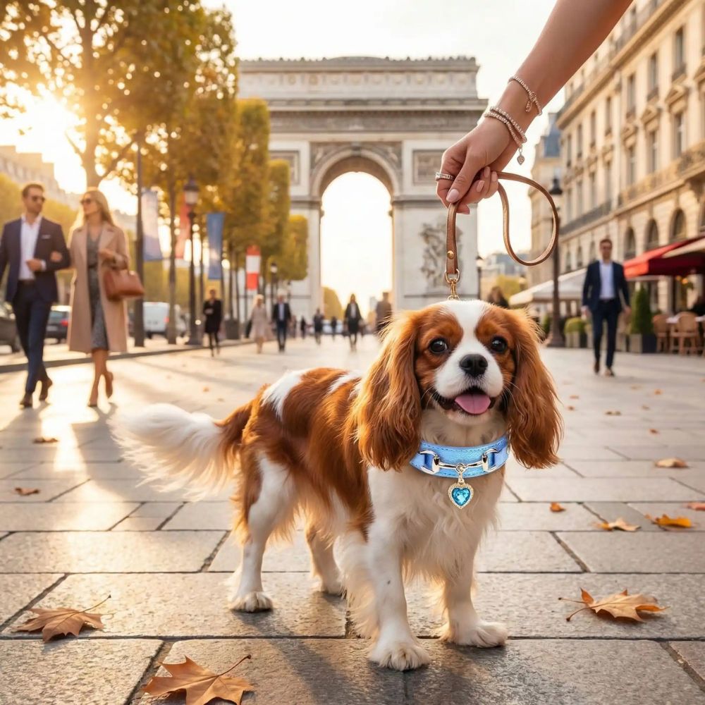 Collier pour chien luxe porté par un Cavalier King Charles lors d’une balade élégante en ville