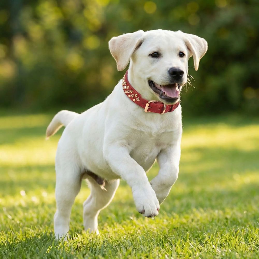 Labrador jouant sur pelouse avec collier chien confortable et solide pour promenade