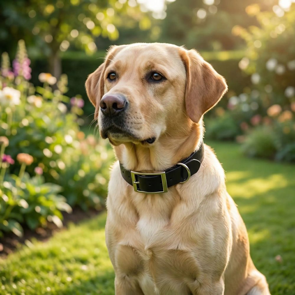 Labrador assis dans son jardin portant un collier pour chien noir robuste et imperméable