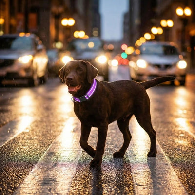Labrador portant un collier réfléchissant pour chien violet traverse un passage piéton le soir