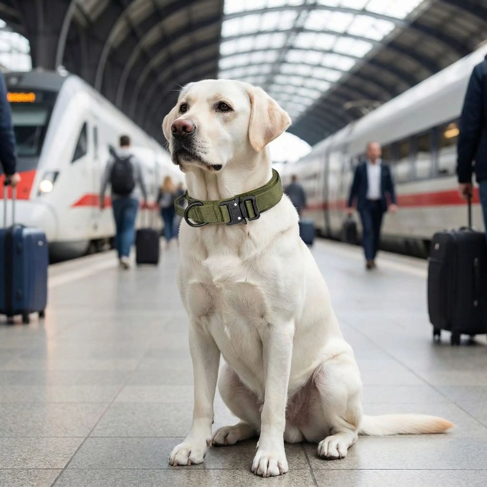 Labrador blanc avec collier tactique chien épais attendant sur un quai de gare