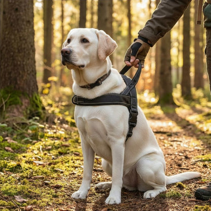 Labrador assis en forêt maintenu par le poignet de son harnais anti traction pour chien pour un contrôle doux