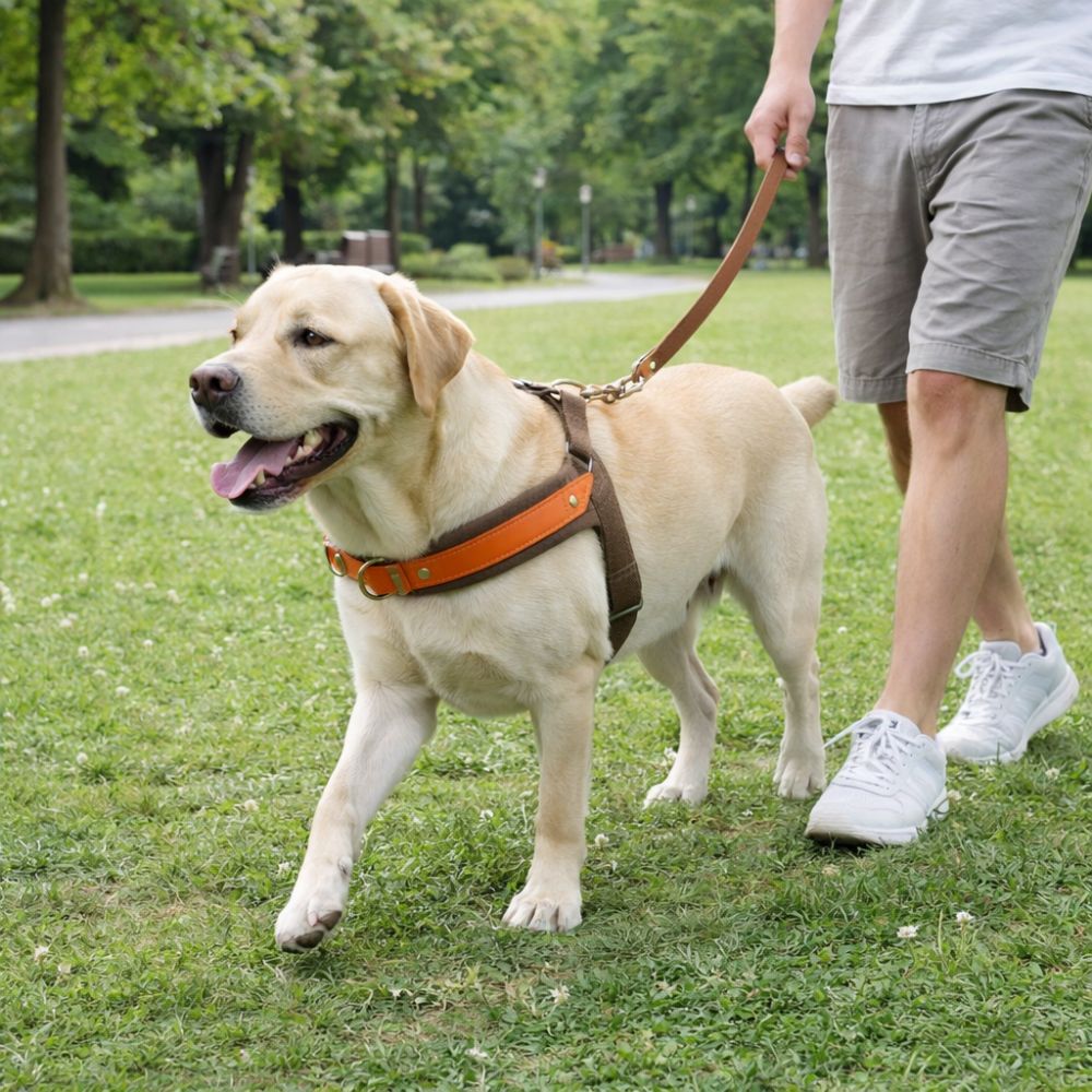 Labrador équipé d’un harnais chien anti traction robuste lors d’une promenade au parc