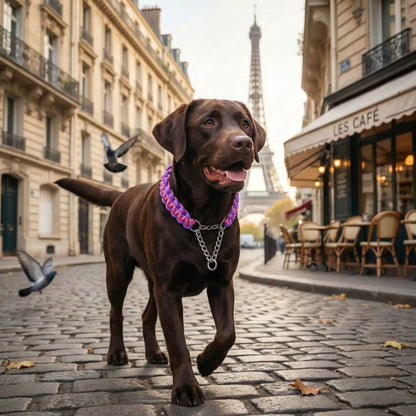 Labrador marron portant un collier chien paracorde tressé main avec chaîne métallique, balade près de la Tour Eiffel