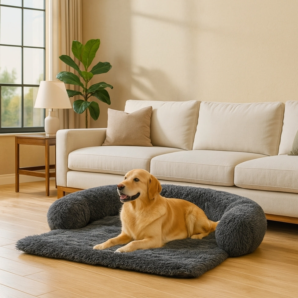 Labrador installe au sol sur un lit canape pour chien, observe attentivement