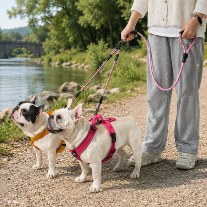 deux bouledogues français en balade au bord d’une rivière avec une laisse 2 chiens