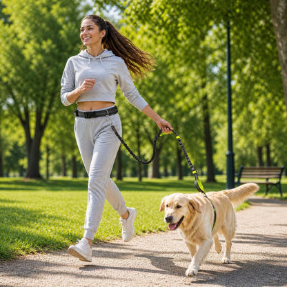 femme en jogging utilisant une laisse canicross avec ceinture dans un parc avec labrador en promenade