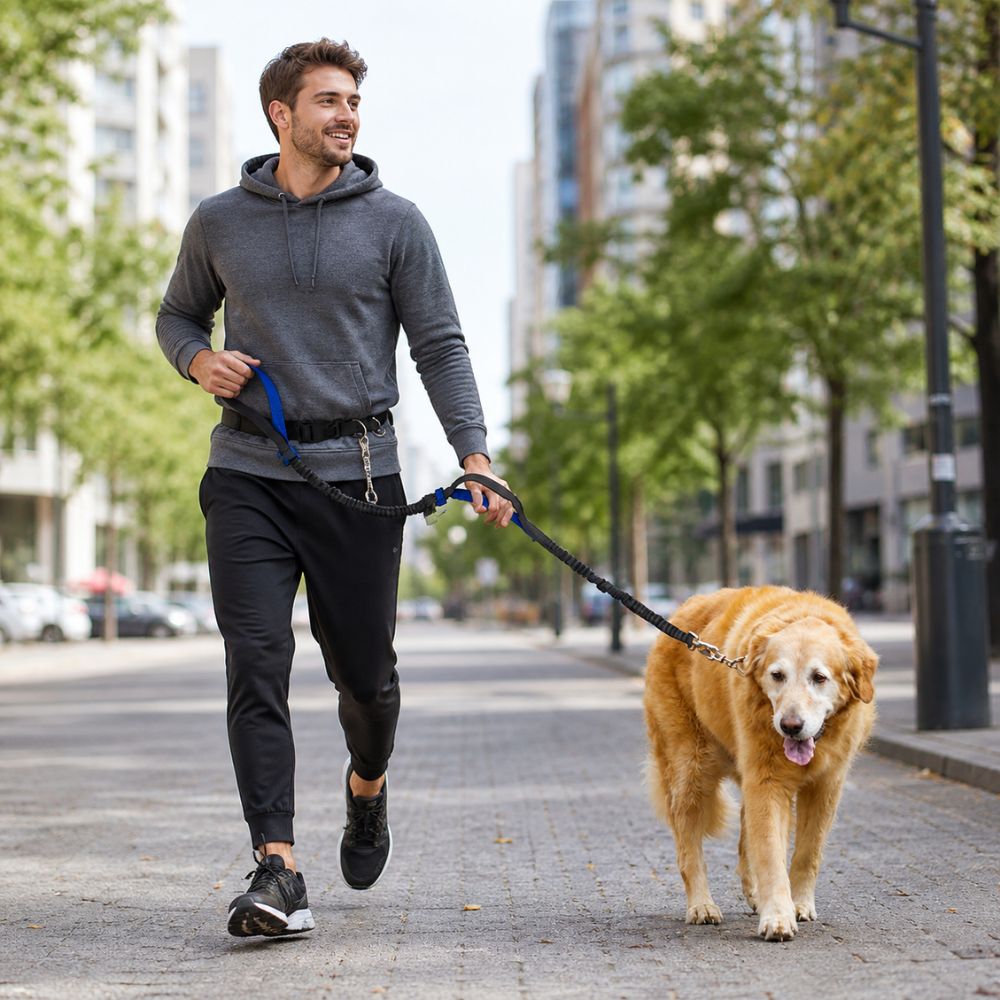 homme courant en ville avec laisse canicross attachée à la ceinture et golden en mouvement
